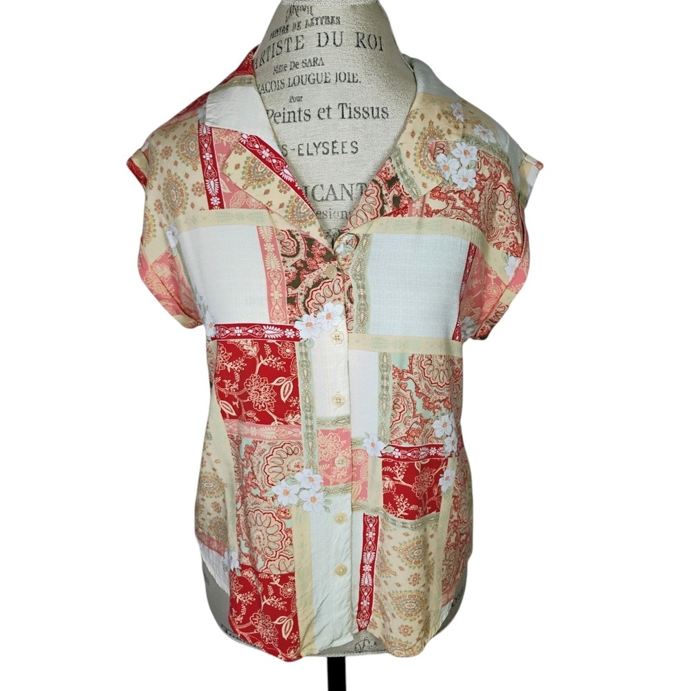 Cooper & Ella Patchwork Button Top Womens Medium Multicolor Floral Boho Casual